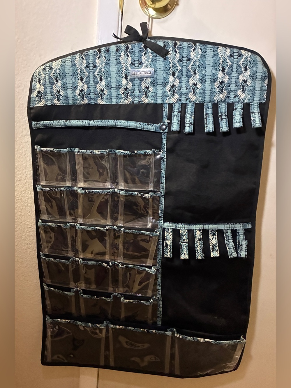 Ellen Tracy Hanging Jewelry Organizer Blue And Black Cotton/ Clear Plastic